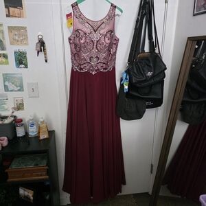 Elegant Burgundy Embellished Evening Gown